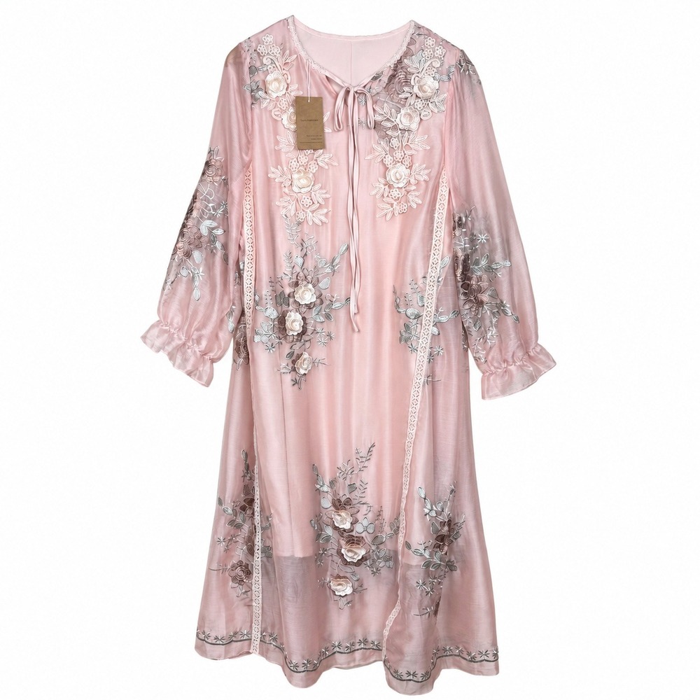 NWT SooLinen Floral Embroidery 3D Rose Applique Dress Women Pink Midi Boho Fairy
